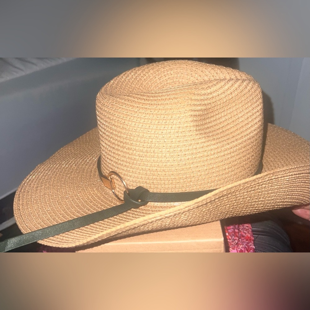 Tan Wide Brim Straw Hat with olive green Band